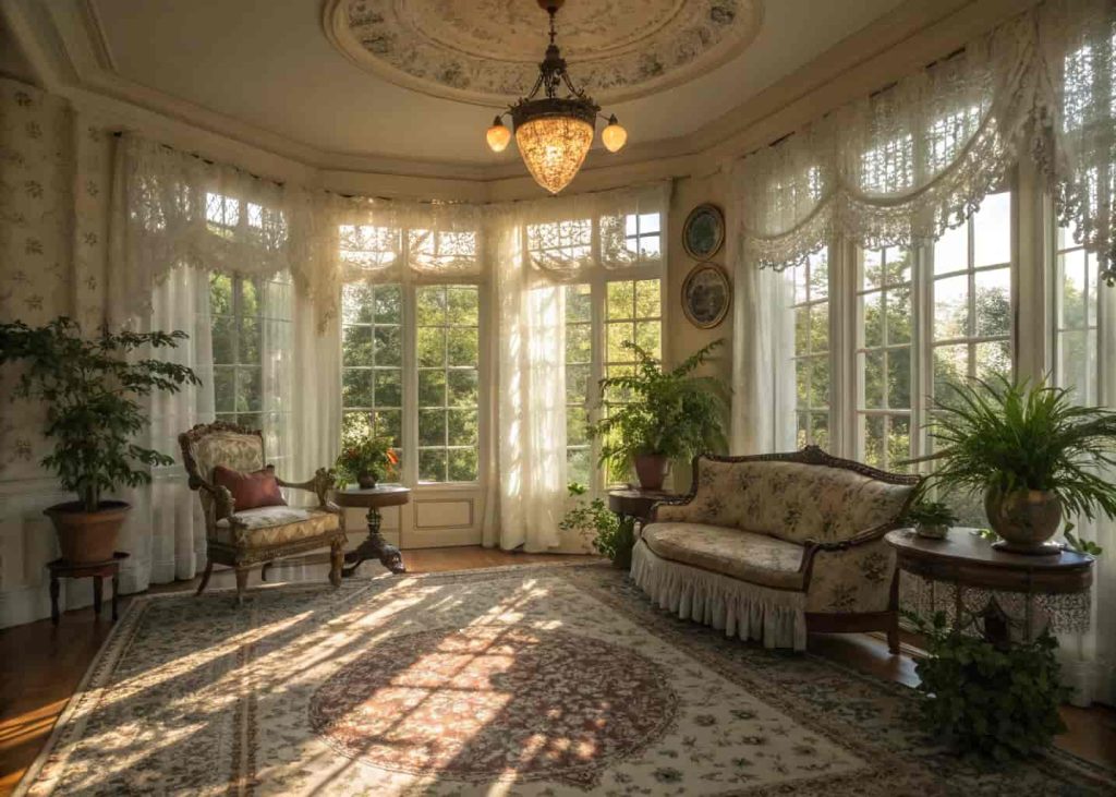 Victorian sunroom with vintage furniture, patterned rugs, lace curtains, ornate light fixtures, and indoor plants with sunlight streaming in.