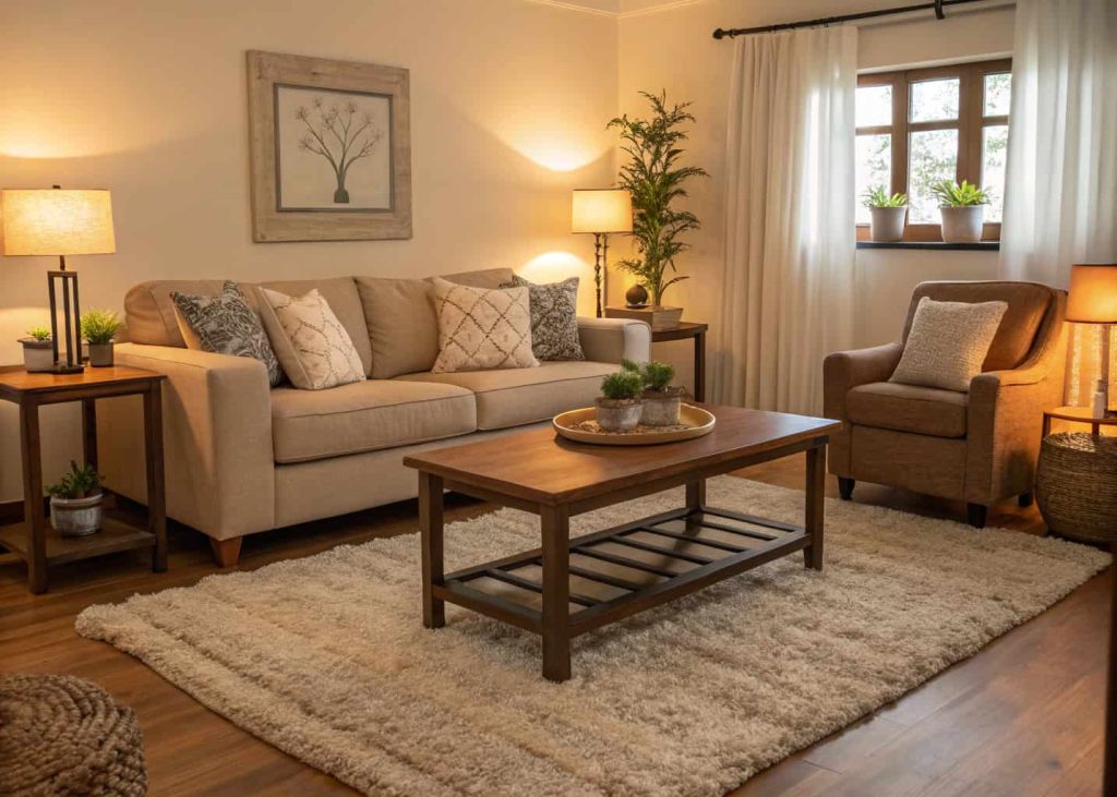 A cozy living room with a soft rug under the table.