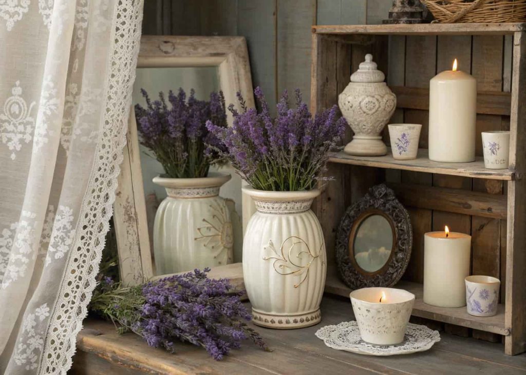 French country decor accessories including ceramic vases, lavender flowers, antique mirror, candles, rustic styling details.