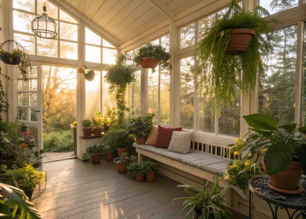 Sunroom filled with plants of various sizes, hanging pots, plant stands, a cozy bench, and sunlight pouring in.