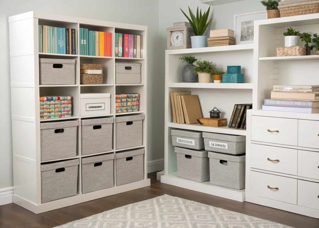 A neat room with organized shelves and storage boxes.