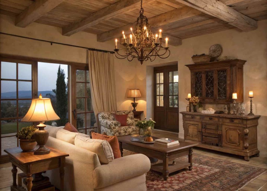 Rustic French country living room with chandelier lighting, warm lamps, soft evening glow, cozy elegant ambiance.
