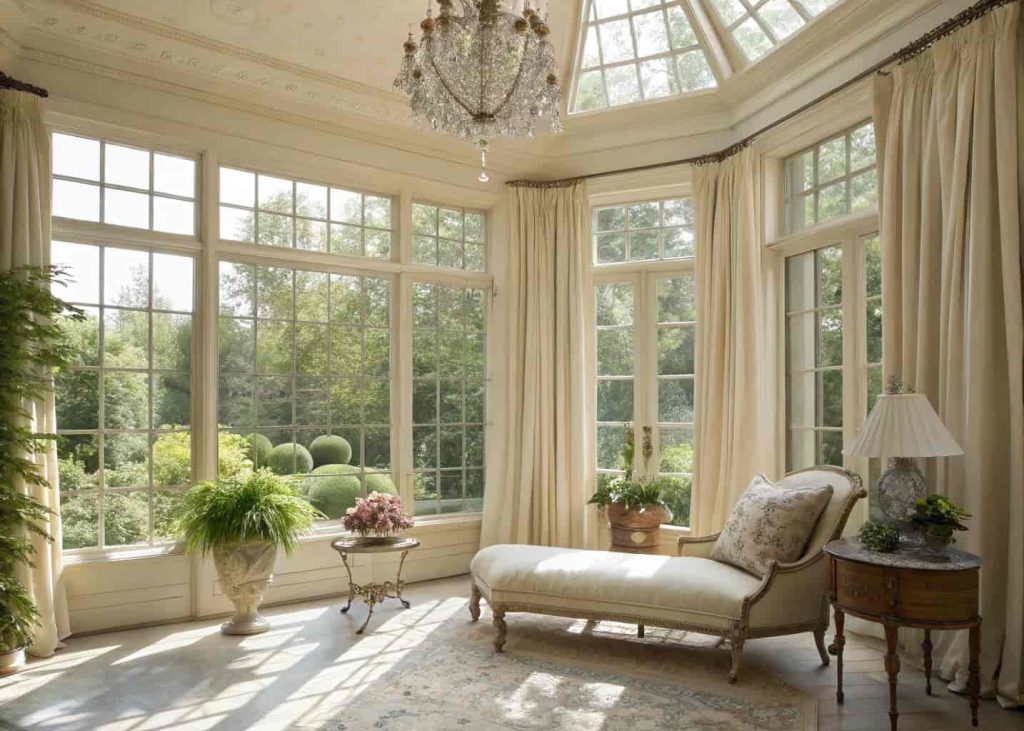 French-style sunroom with large paneled windows, elegant antique furniture, soft curtains, indoor plants, and a chandelier.