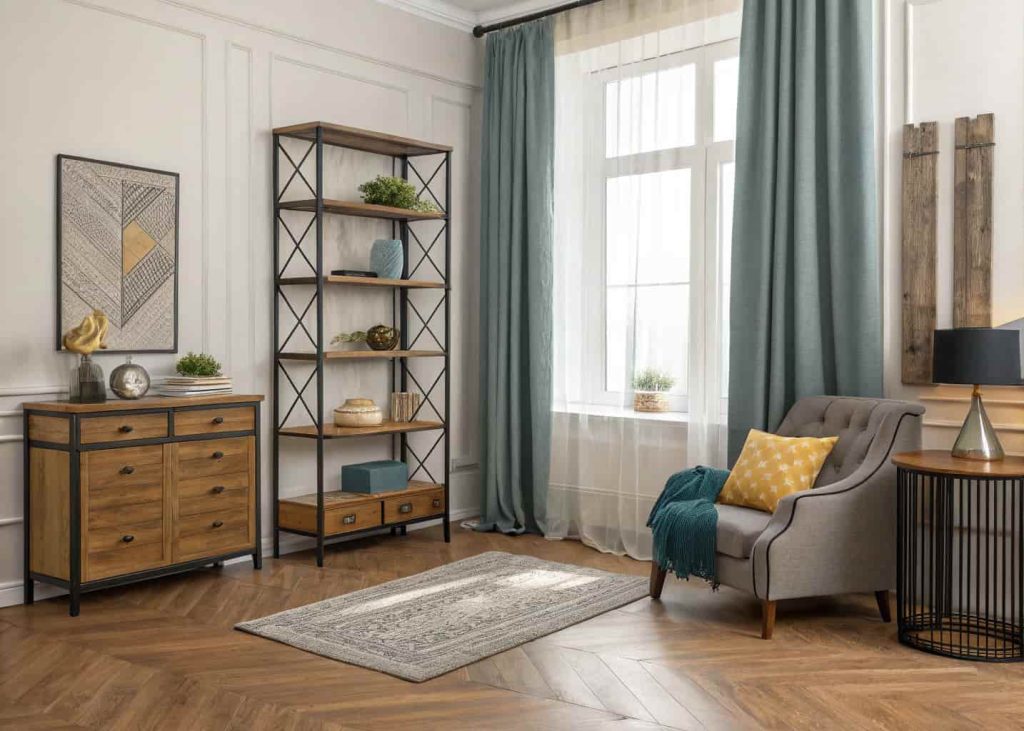A stylish room with wood, metal, and fabric elements.