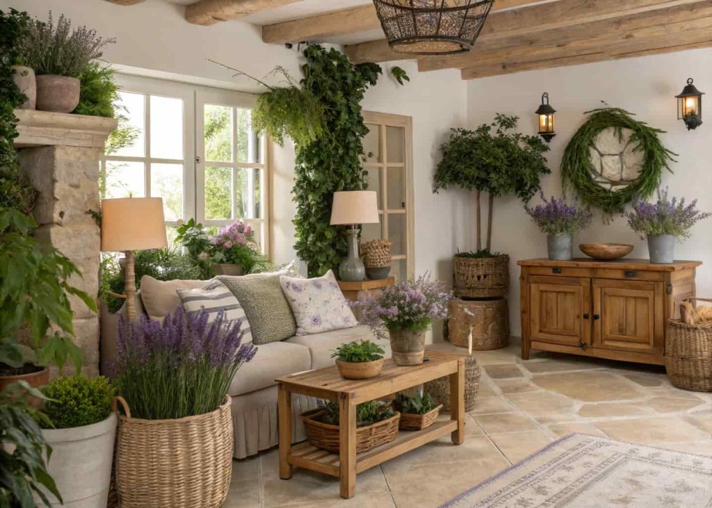 French country living room with indoor plants, lavender arrangements, natural greenery, rustic cozy setting.