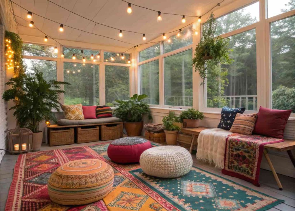 Bohemian sunroom with colorful rugs, cushions, poufs, hanging plants, string lights, and casual eclectic furniture.