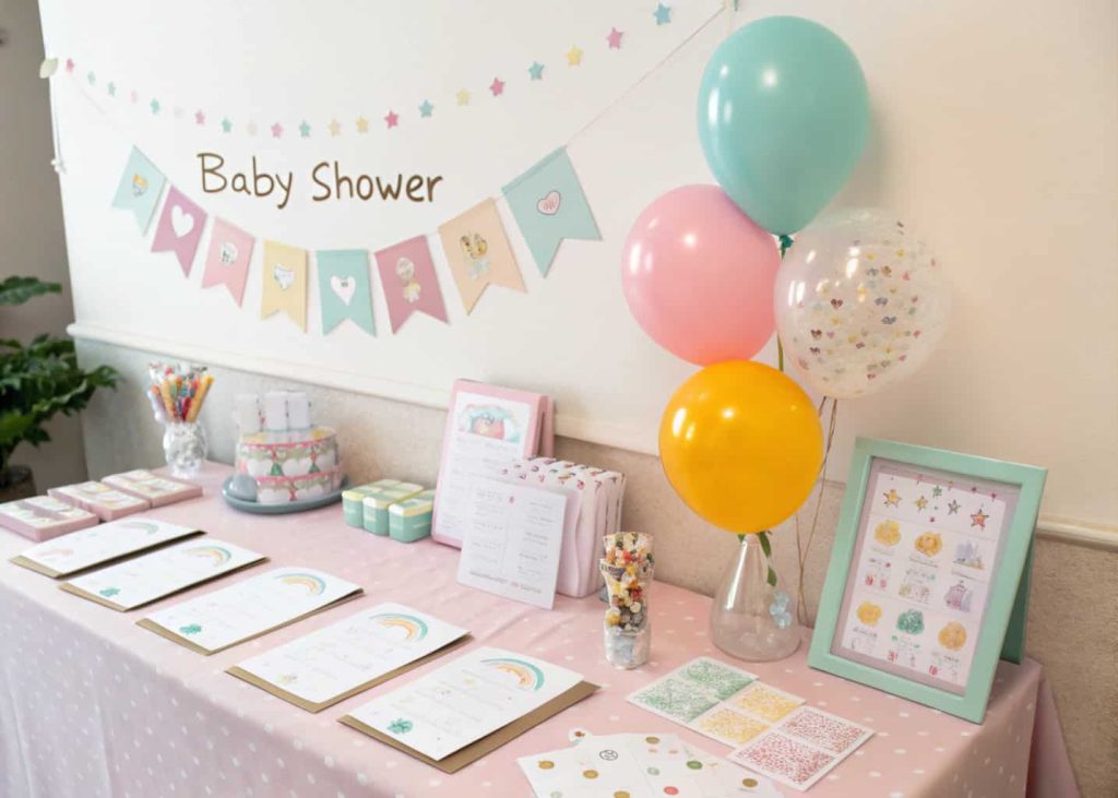 baby shower table with printable games and cute stationery setup