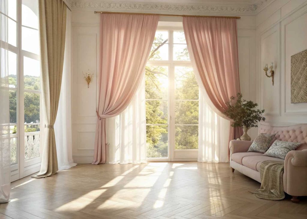 A bright room with elegant curtains and sunlight.