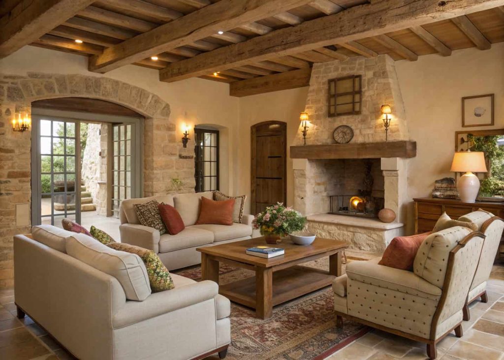 Comfortable French country living room layout with conversational seating, open space, cozy rustic arrangement.