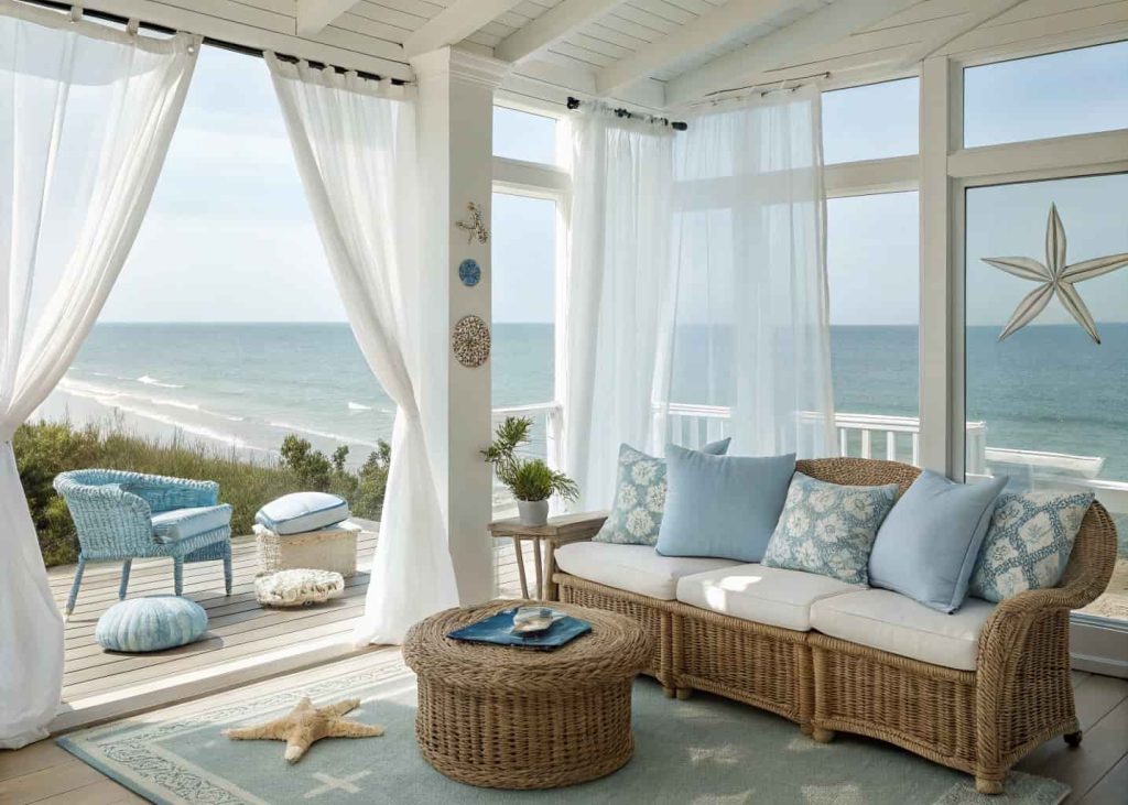Coastal sunroom with wicker furniture, soft blue and white cushions, sheer curtains, ocean-themed decor, and sunlight streaming in.