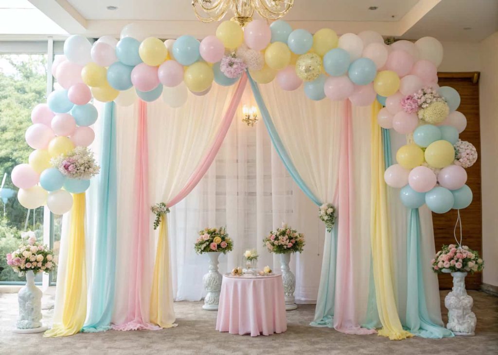 baby shower decoration with hanging ribbons and soft fabric drapes