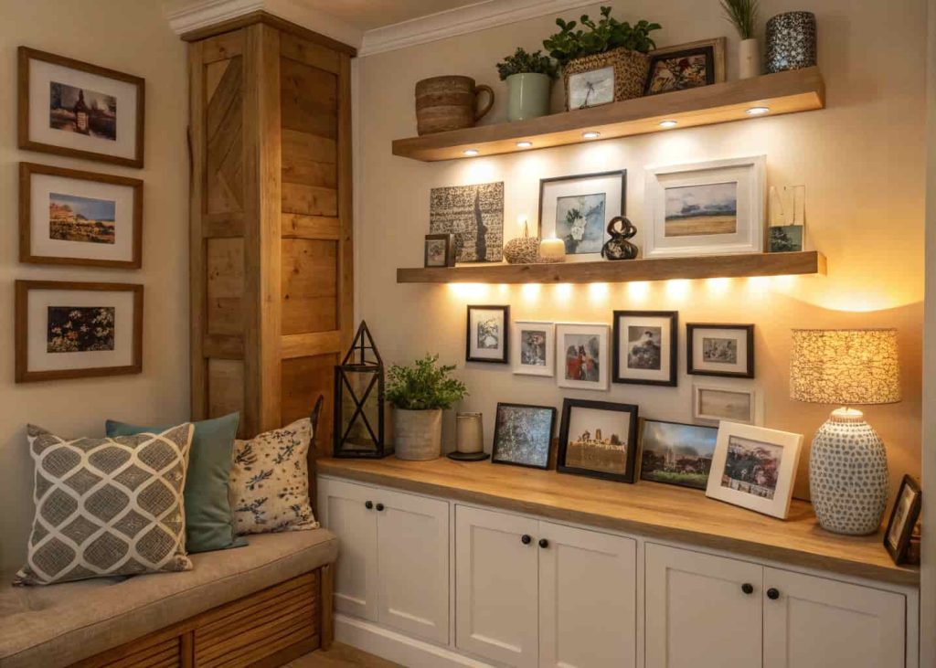 A cozy corner with personal photos and decor items.