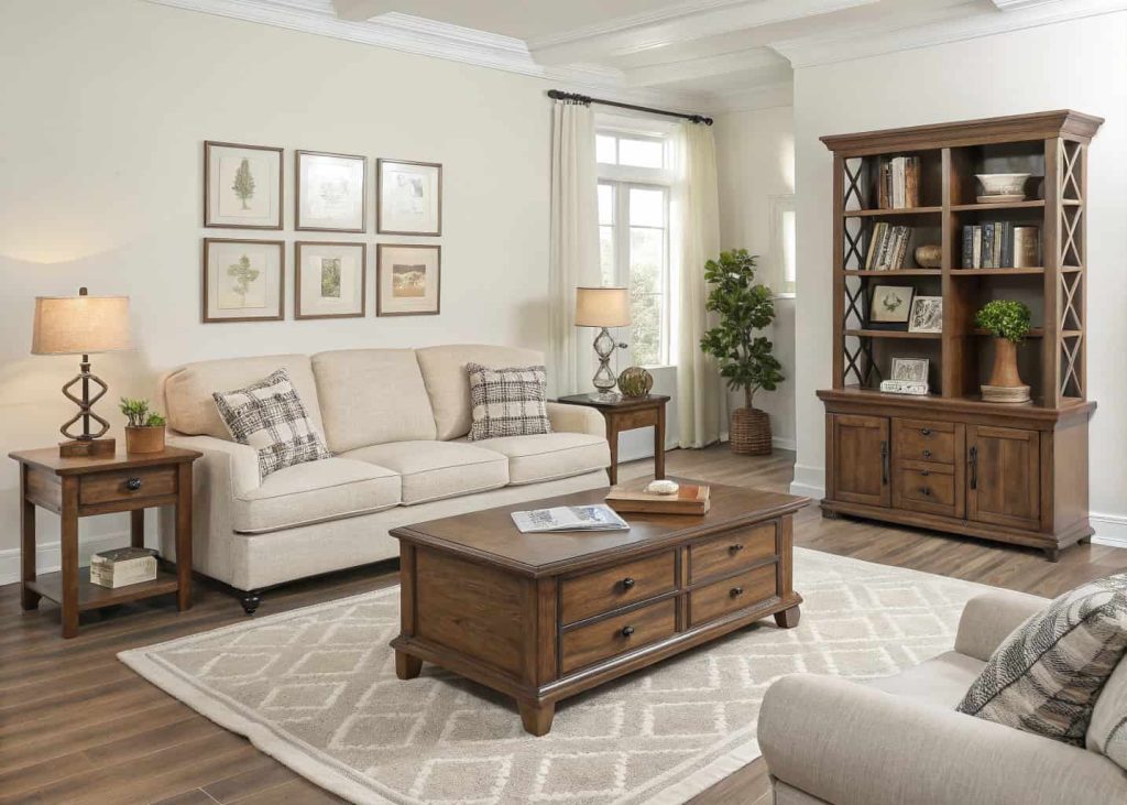 A balanced living room with evenly arranged furniture.