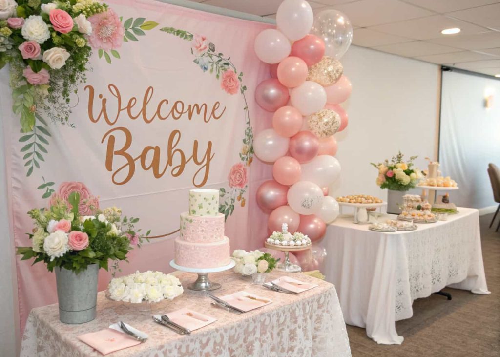 baby shower setup with coordinated pastel color theme and elegant decor