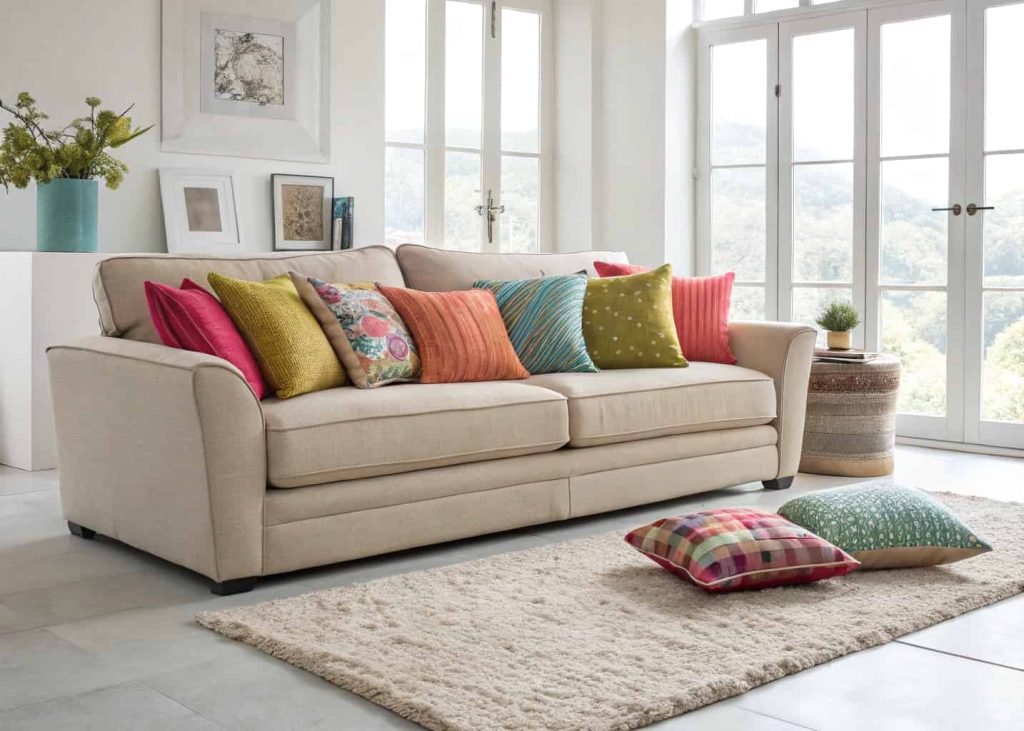 A comfortable sofa setup with cushions and a soft rug in a modern living room