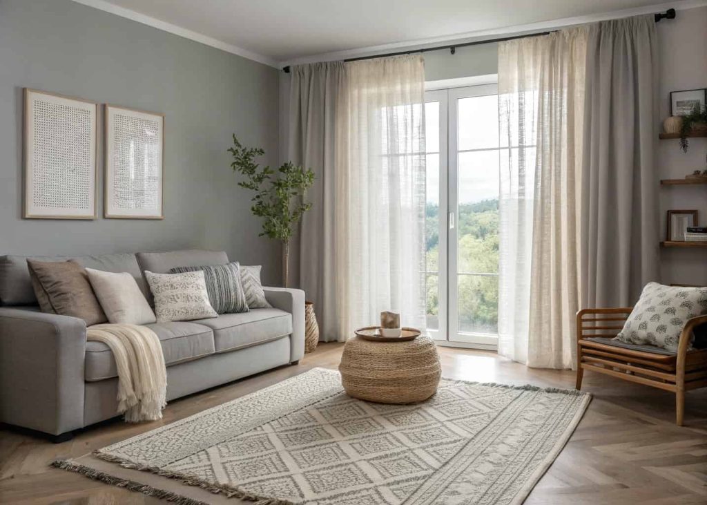 Grey living room with layered area rugs, light linen curtains, soft textured cushions, cozy modern interior design.