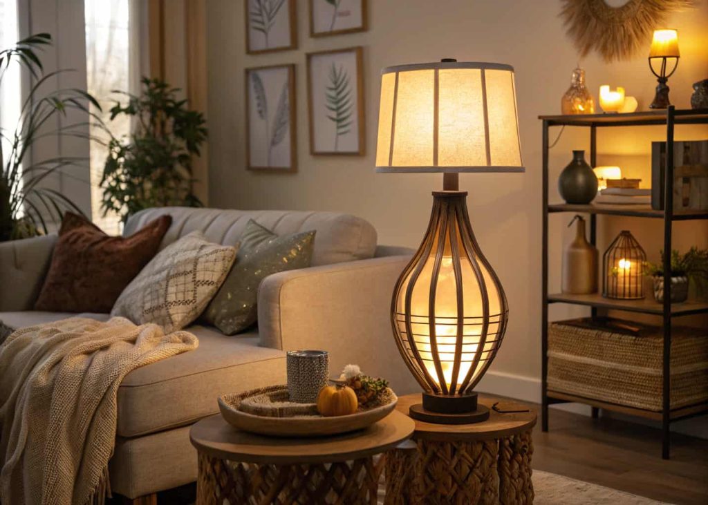 A cozy room with warm lighting, table lamp, and soft glowing LED lights