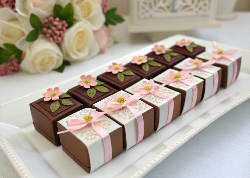 Mini chocolate boxes with ribbons and tiny flowers as elegant party favors on a table.”