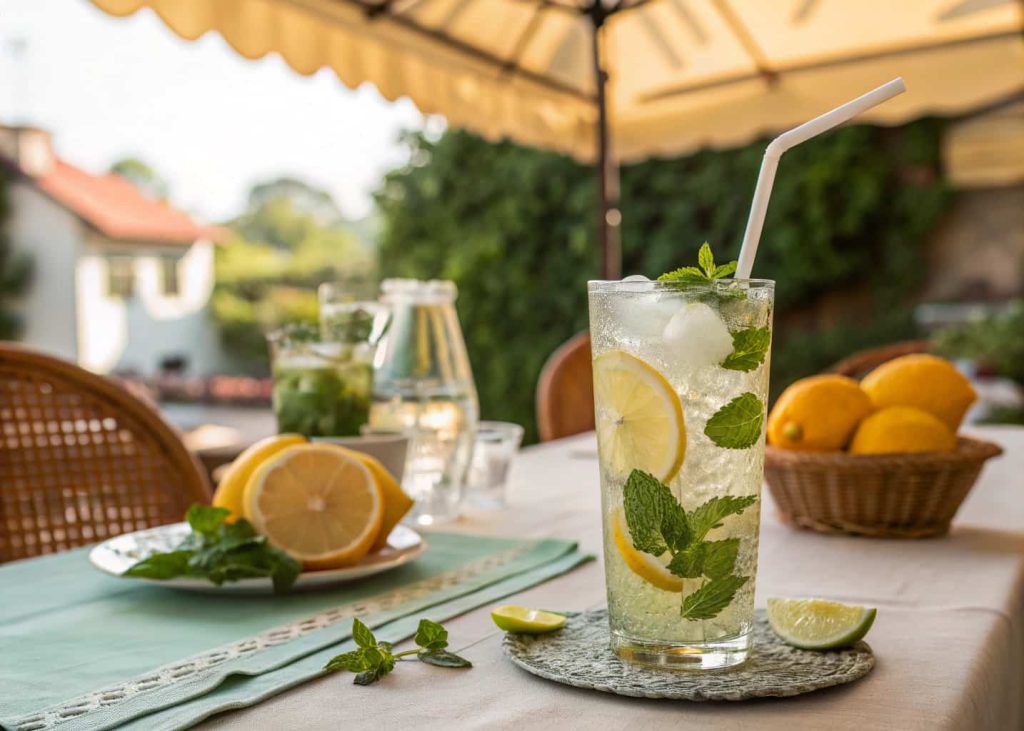 A glass of citrus mint cooler with lemon slices, mint leaves, ice cubes, and a straw, placed on a summer table
