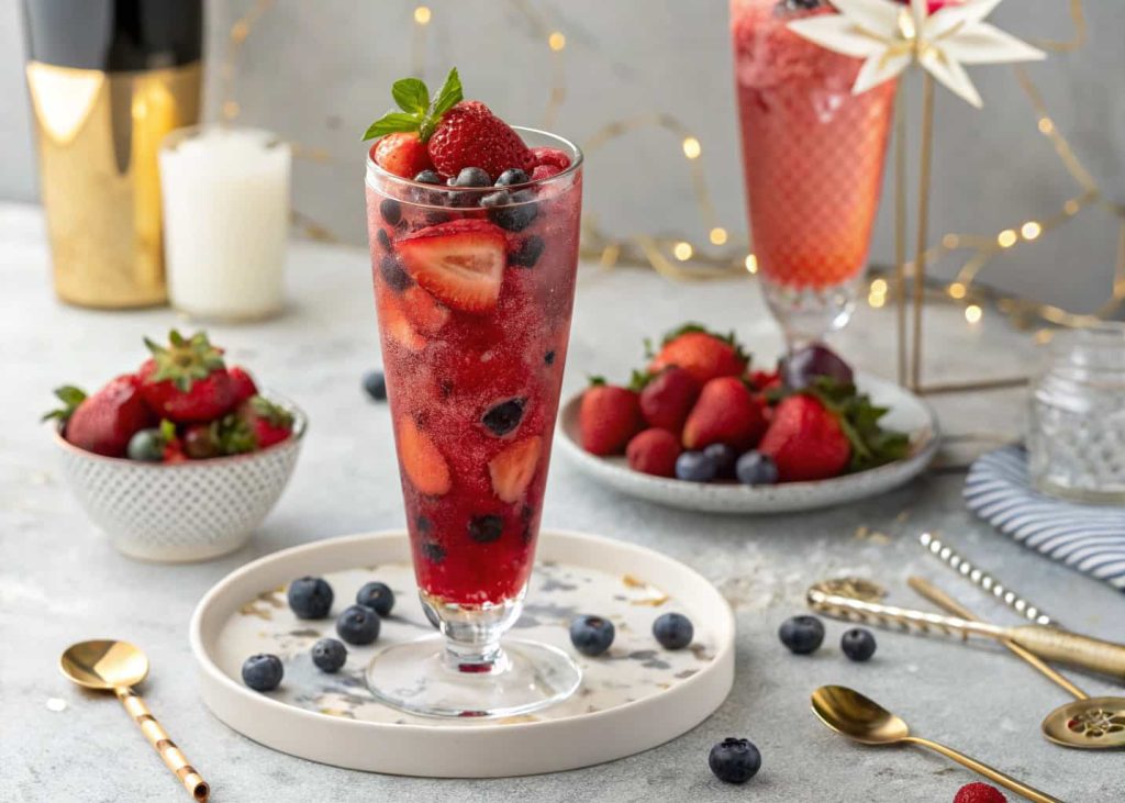 A berry mocktail in a tall glass with fresh strawberries and blueberries, vibrant red color, elegant party background