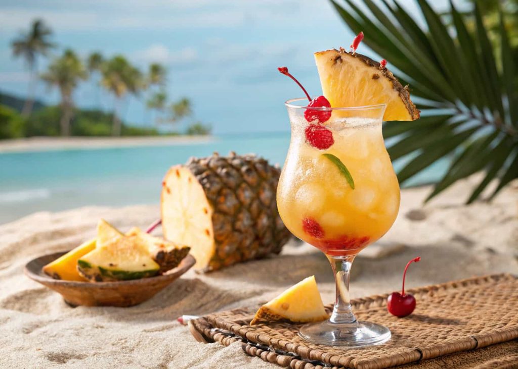 A tropical mocktail with pineapple slices and cherries, served in a fancy glass, beach-style background
