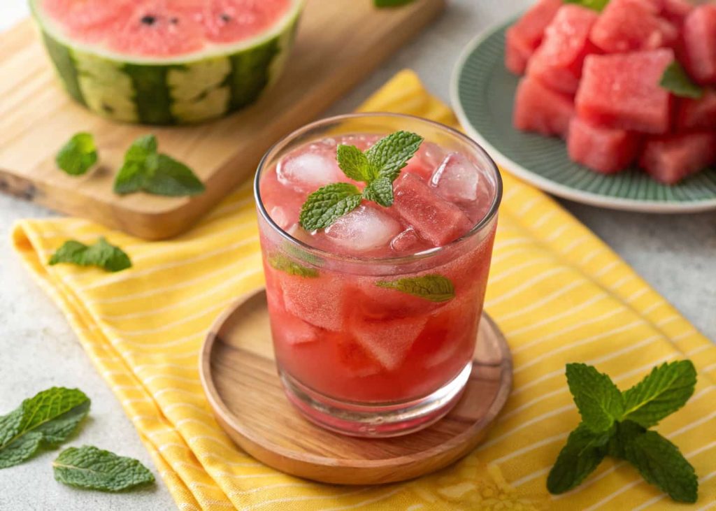 A watermelon mocktail in a clear glass with mint leaves and ice, bright pink color, summer vibe