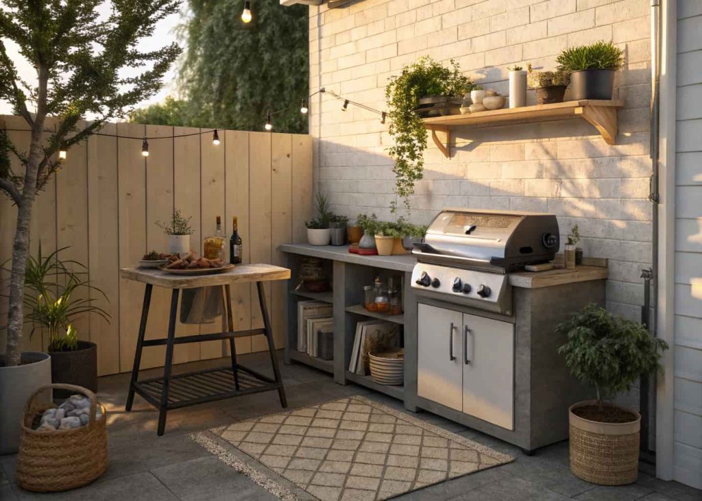 small backyard grill station, compact setup, simple table, cozy outdoor kitchen, natural lighting