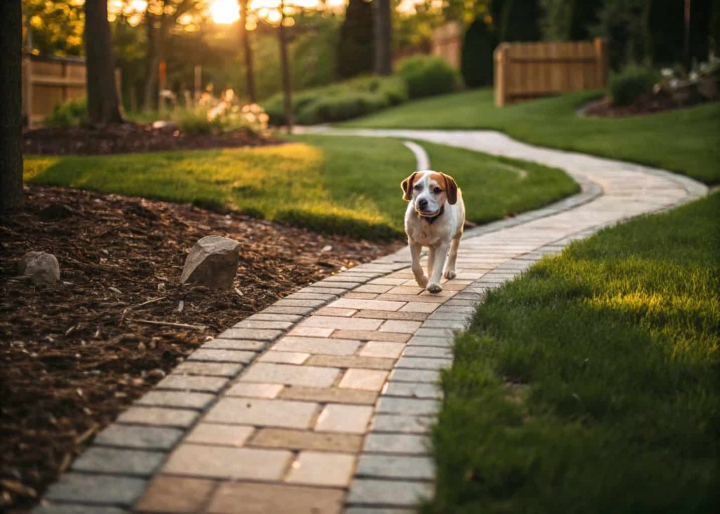 Dog walking on a backyard path made of smooth pavers surrounded by soft grass and mulch.