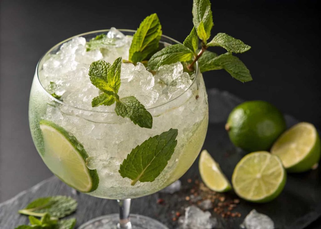 A virgin mojito with mint leaves, lime wedges, and crushed ice in a stylish glass