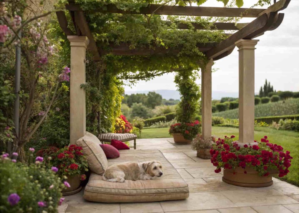 Small dog resting under a pergola with cushions and shade, surrounded by flowers and greenery.
