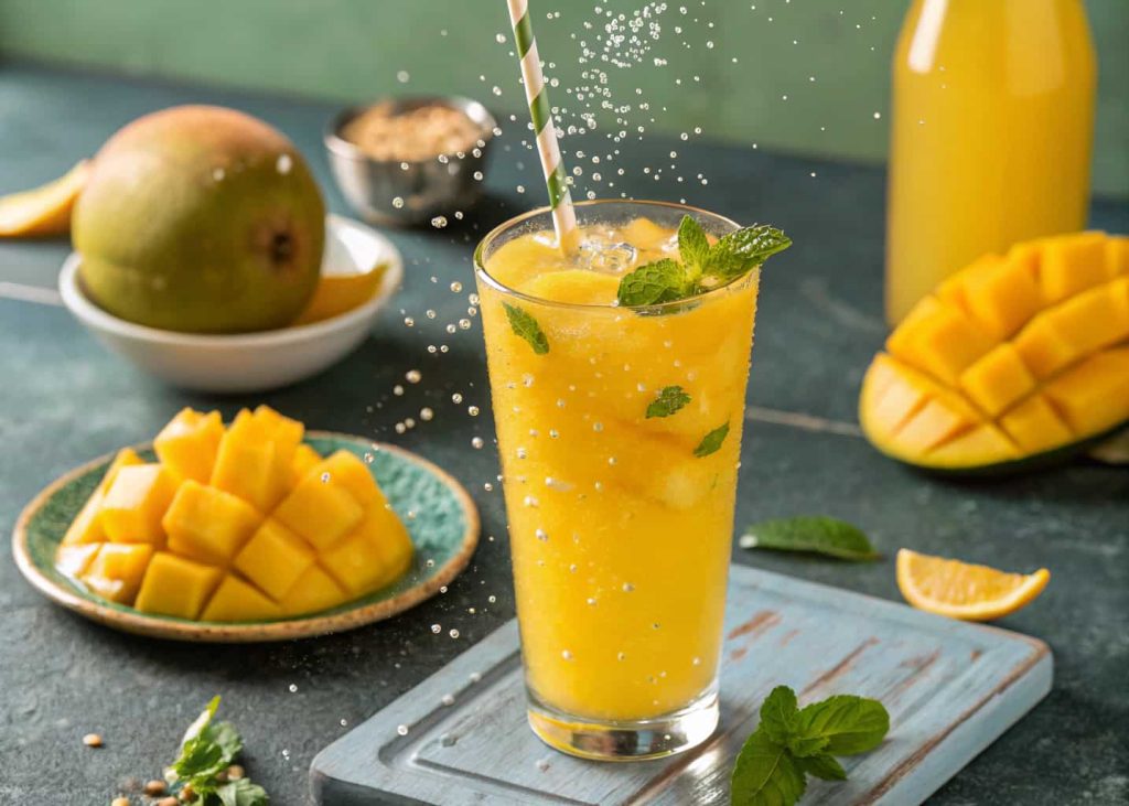 A mango mocktail with bright yellow color, mango slices, and bubbles in a glass