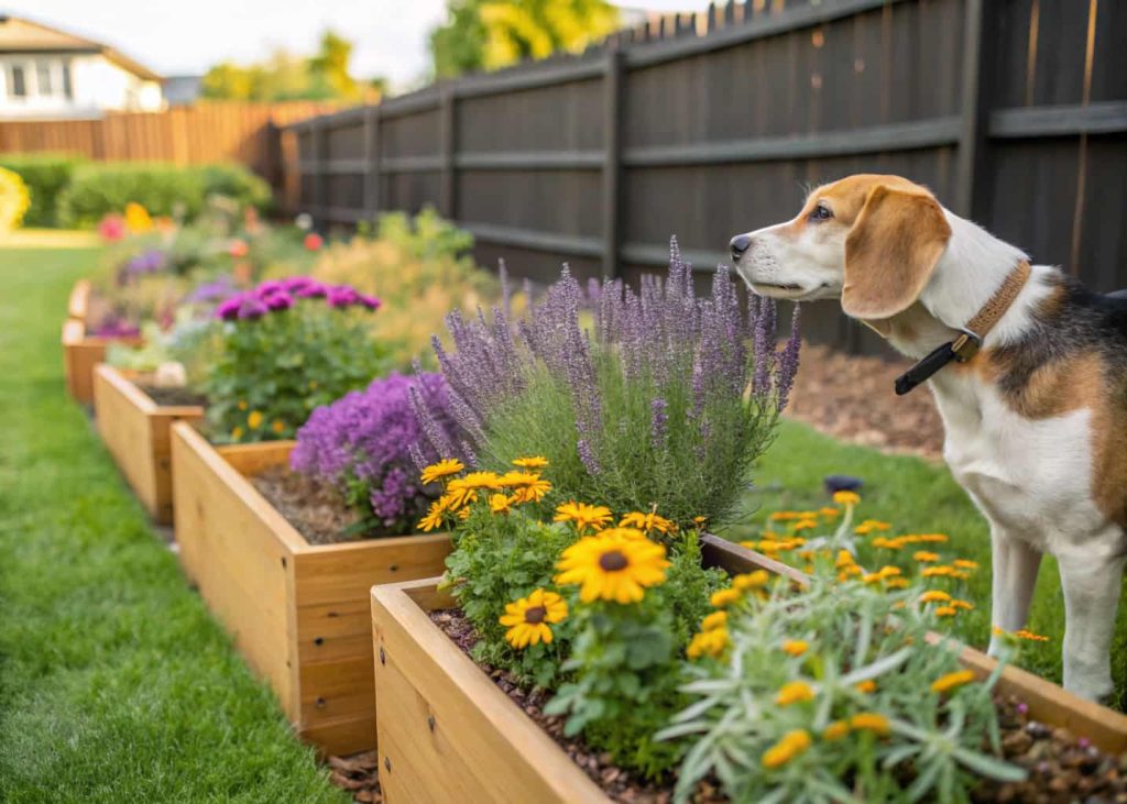 Dog sniffing a colorful backyard garden with lavender, rosemary, and sunflowers in raised planters.