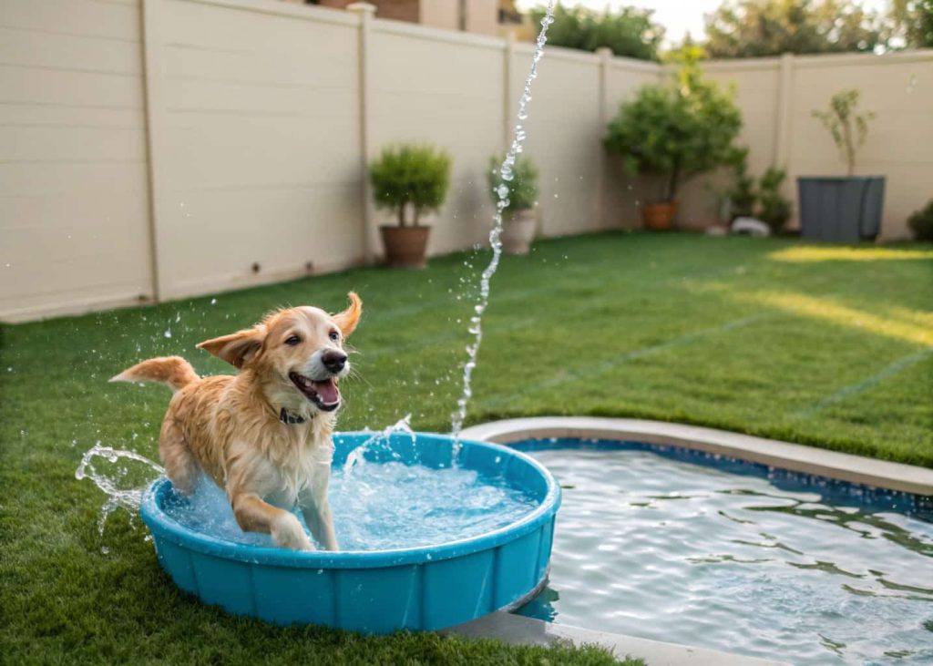 Happy dog splashing in a small backyard dog pool with a water fountain nearby.