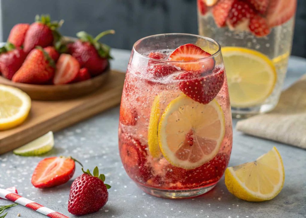 A sparkling strawberry lemonade mocktail with fresh strawberry slices, lemon wedges, and bubbles in a clear glass