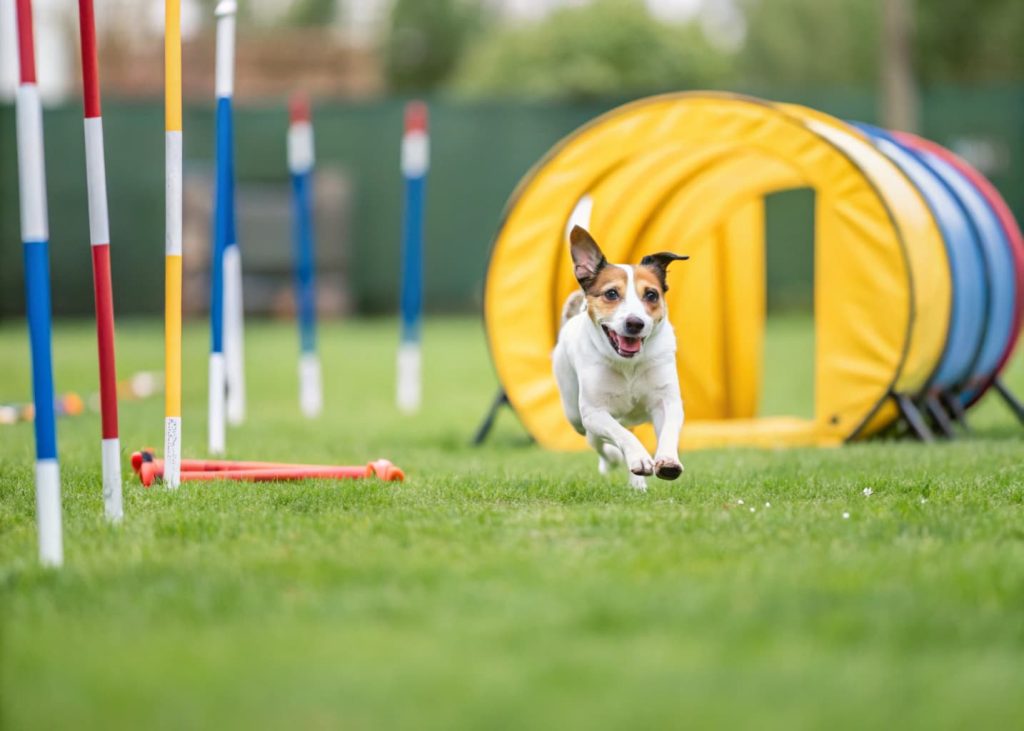 Dog running through a backyard agility course with small jumps, tunnels, and soft grass.