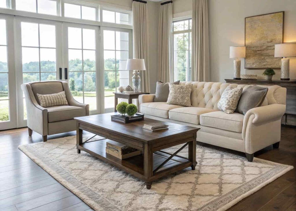 A stylish living room with a soft rug under a coffee table
