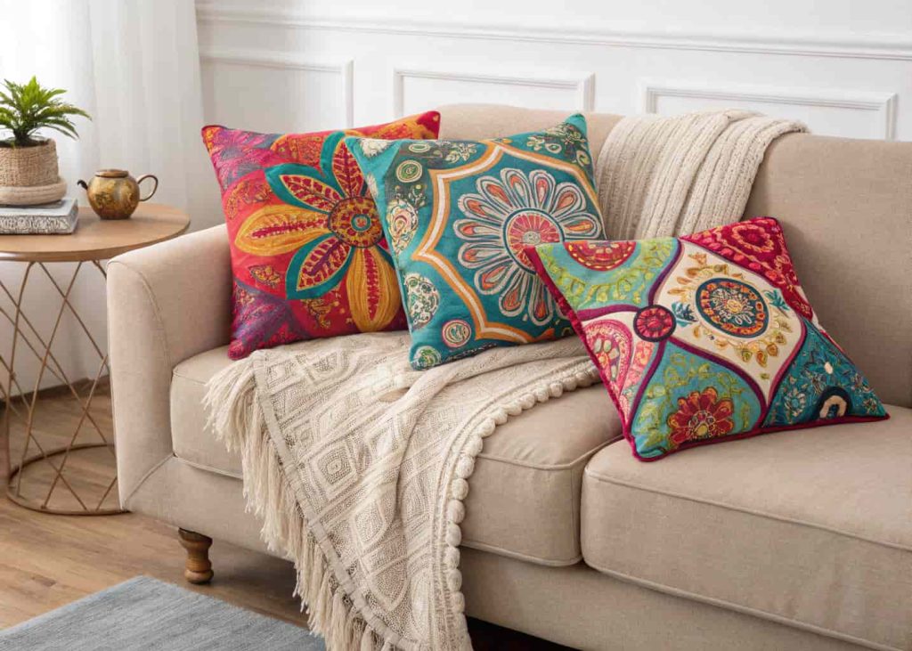 A sofa decorated with colorful cushions and a soft throw blanket