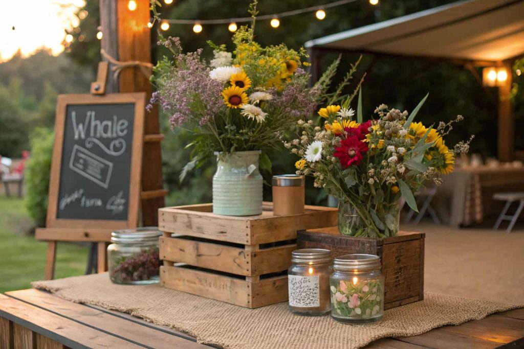 "Rustic flower bouquet station with wooden crates, mason jars, chalkboard sign, and mixed wildflowers on a burlap table runner, cozy outdoor event setting"
