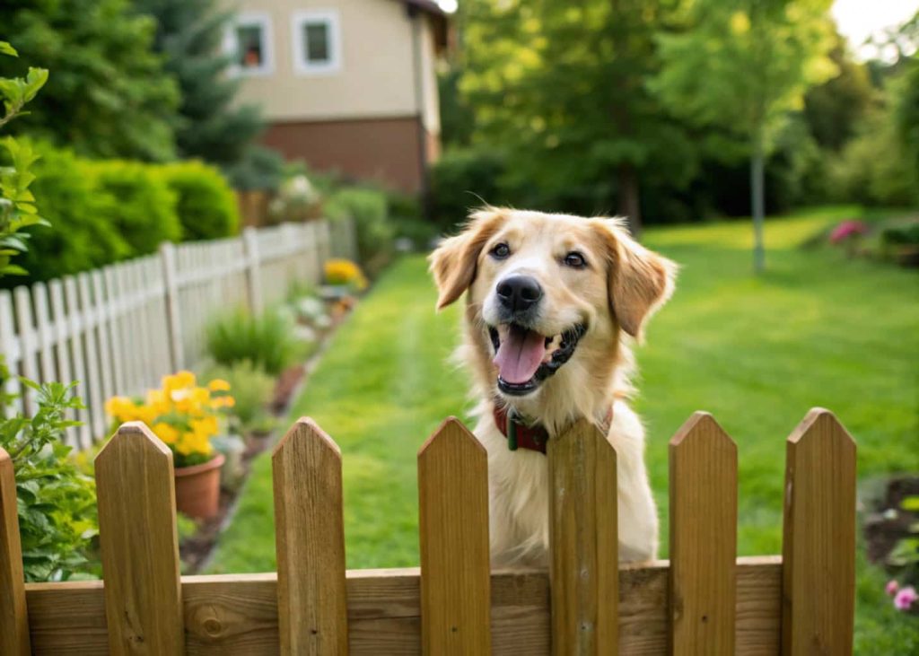 Dog looking happily over a secure wooden backyard fence with a lush green yard inside.