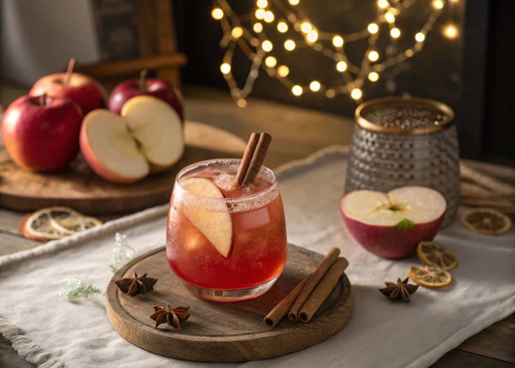 An apple ginger mocktail with apple slices and a cinnamon stick in a glass, warm and elegant setting