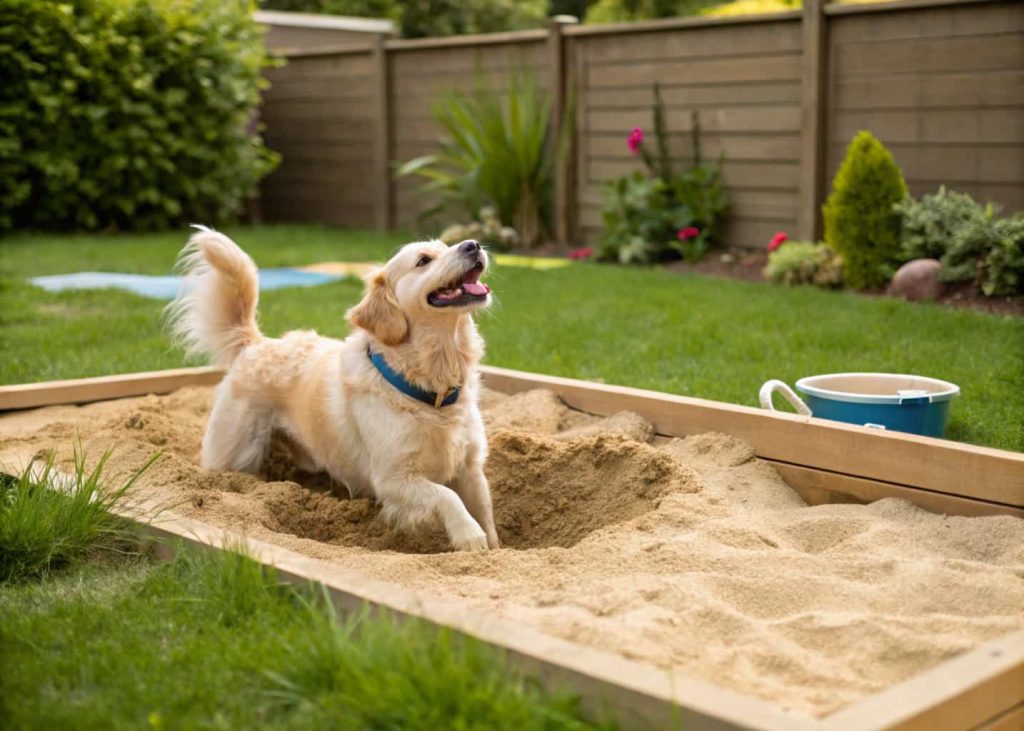 Dog happily digging in a backyard sandpit designed as a play area.