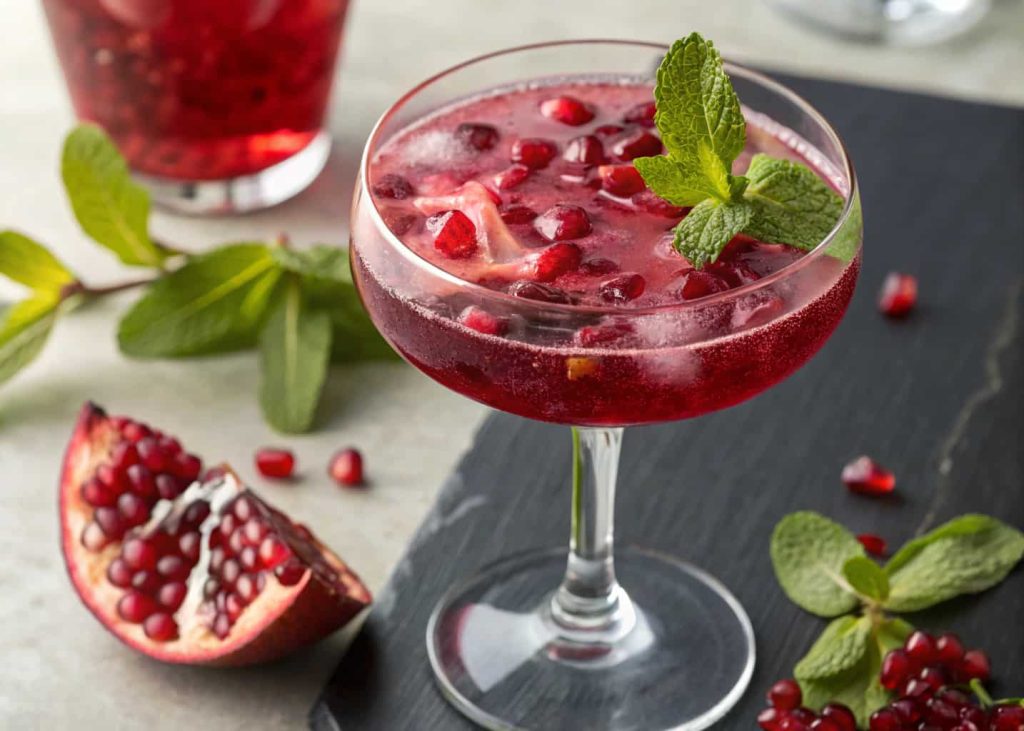A pomegranate mocktail with deep red color, pomegranate seeds, and mint garnish in a stylish glass