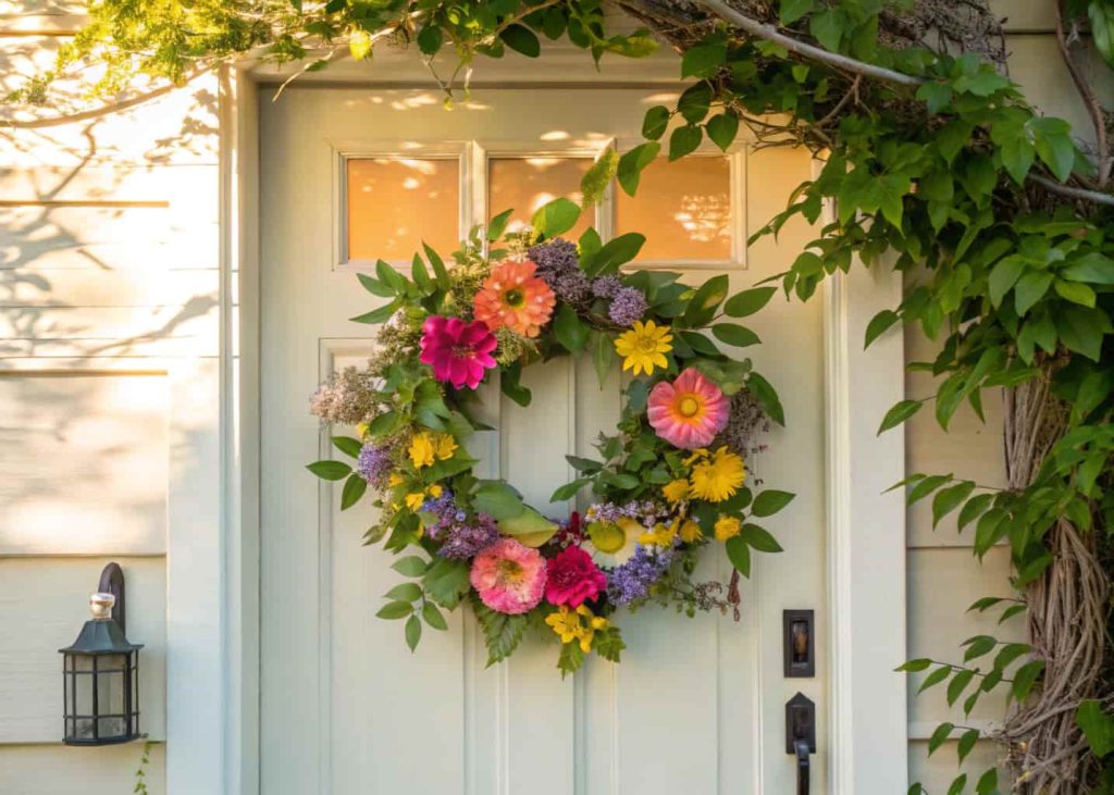 Front door with a bright floral spring wreath, colorful flowers, green leaves, sunny day”