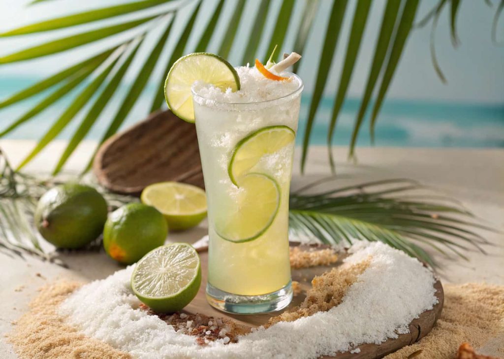 A coconut lime mocktail with lime slices and coconut flakes, tropical beach-style presentation