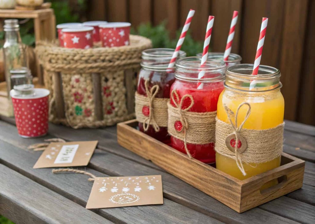A rustic party drink station with mason jars filled with colorful beverages, decorated with twine, labels, and straws on a wooden table