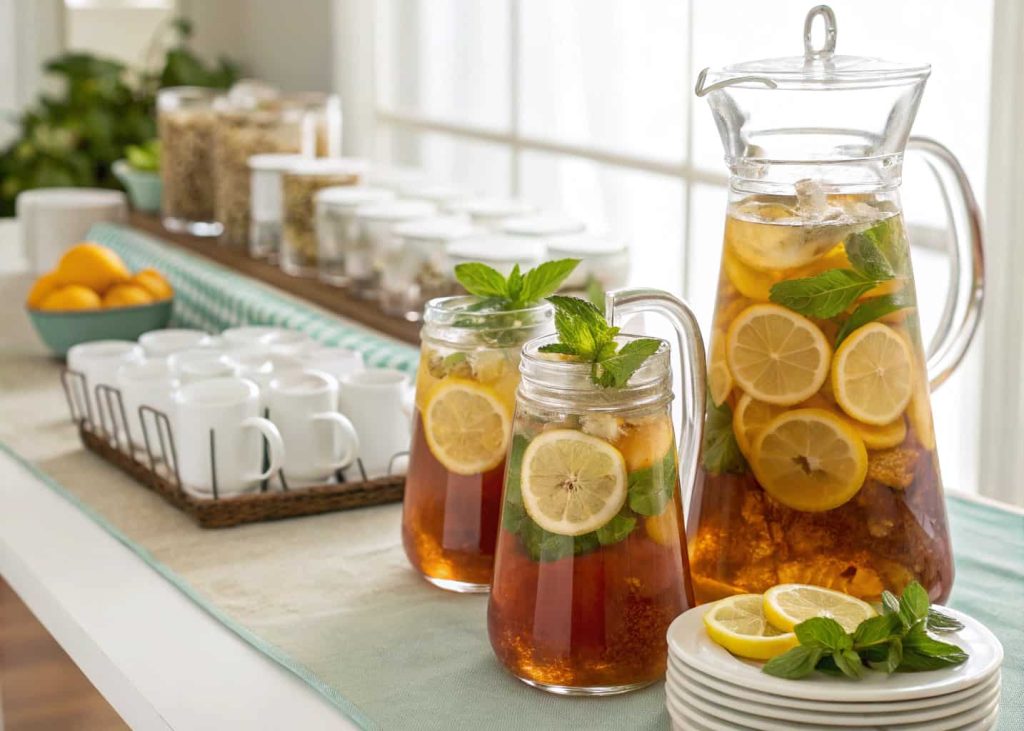 A refreshing iced tea bar with glass pitchers, lemon slices, mint leaves, and jars of sweeteners arranged neatly on a table