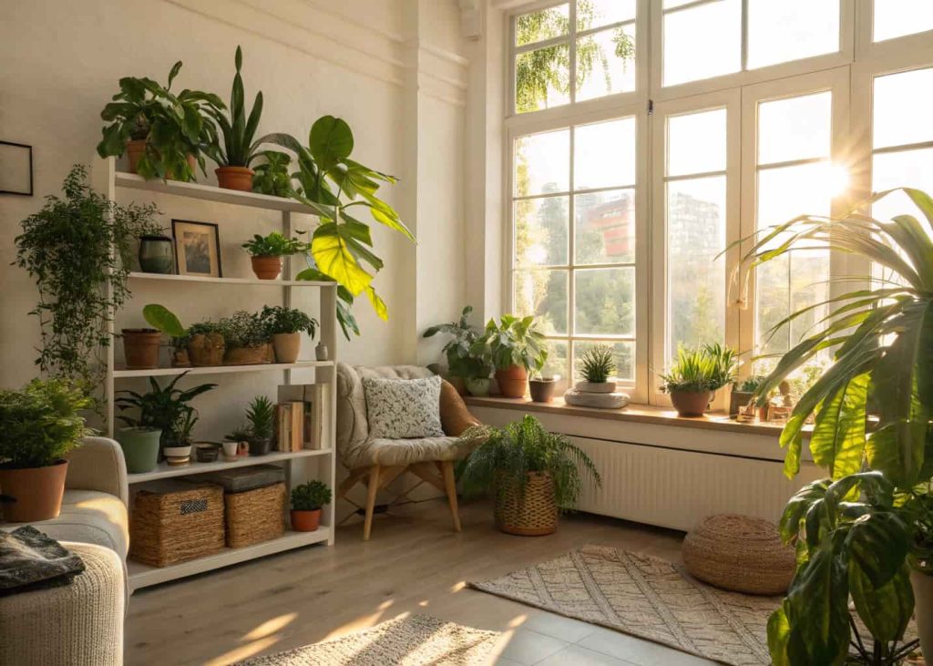 Indoor plants placed in a bright living room with natural sunlight