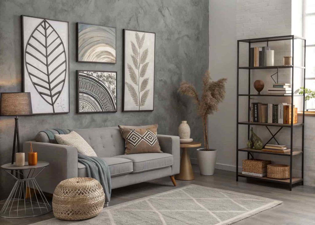 Grey living room with abstract wall art, modern vases, decorative books, stylish minimal interior design, calm and cozy vibe.