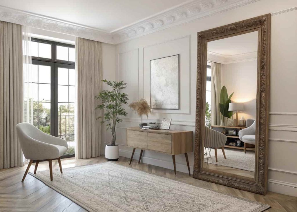 A stylish room with a large wall mirror reflecting natural light