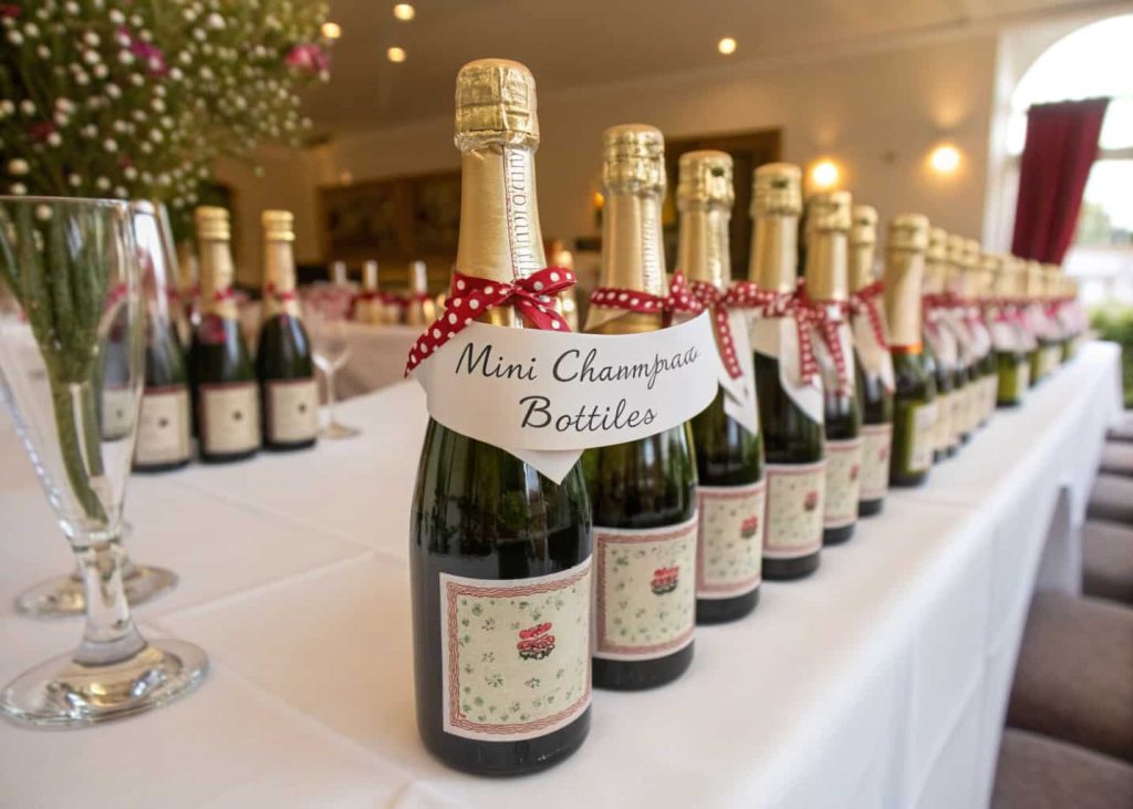Mini champagne bottles with custom labels and ribbons arranged on a party table.”